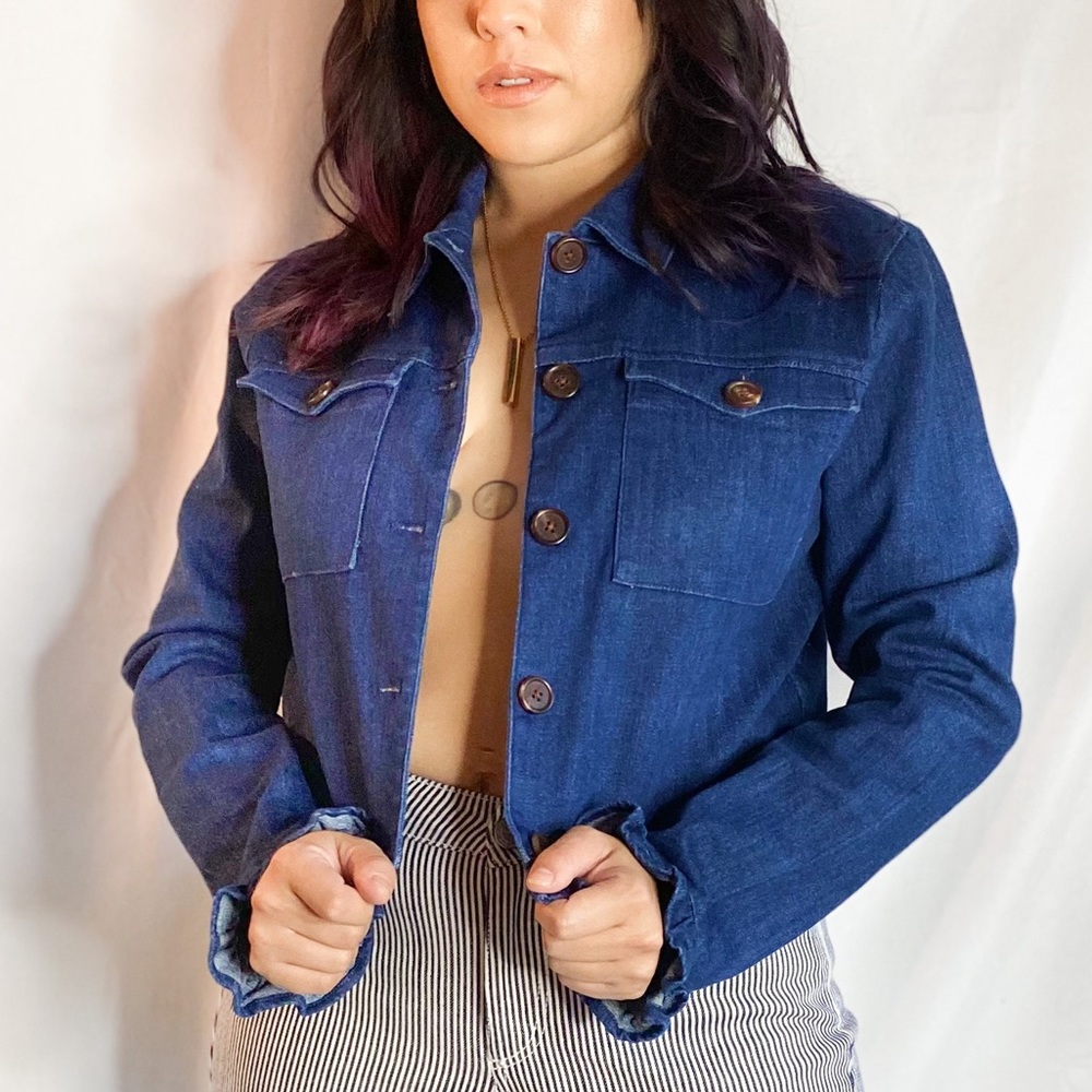 Capulet Denim Jacket w/ ruffle sleeve and hem detail
